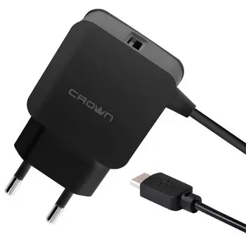 Сетевое зарядное устройство Crown CMWC-3001, USB, 1.2 А, microUSB, кабель 1м, черное