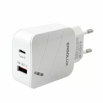 Сетевое зарядное устройство ERGOLUX ELX-РA01QC-C01, 1 USB/USB-C, 3A, быстрая зарядка, белое
