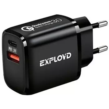 Сетевое зарядное устройство Exployd EX-Z-1338, USB/USB-C, 3 А, 20 Вт,быстрая зарядка, черное