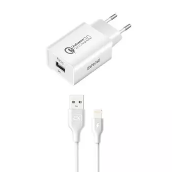 Сетевое зарядное устройство Exployd EX-Z-1362, 1 USB, 3 А, QC 3.0, Lightning, 1 м, белое