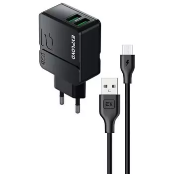 Сетевое зарядное устройство Exployd EX-Z-1440, 2 USB, 2.4 А, кабель microUSB, черное