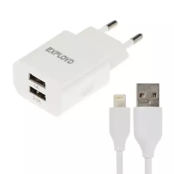 Сетевое зарядное устройство Exployd EX-Z-467, 2 USB, 3.1 А, кабель Lightning, 1 м, белое