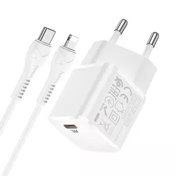 Сетевое зарядное устройство Hoco N10, USB-C, 3 А, кабель Type-C - Lightning 1м, PD20W, белое