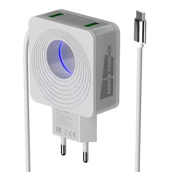 Сетевое зарядное устройство More choice NC48a, 2UCB, 2.1А, кабель Type-C, подсветка, белый