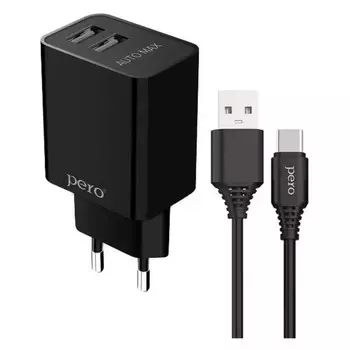Сетевое зарядное устройство PERO TC02, 2 USB, 2.1 А, кабель Type-C, черное