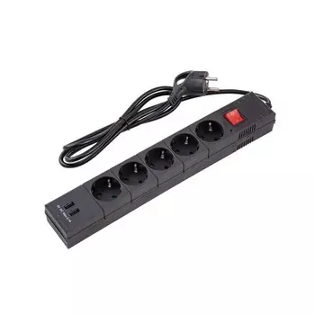 Сетевой фильтр 5 гнезд, 1,5м, с/з, со шторками, ПВС 3 IP0,75, 2USB, 2200Вт, 10А, черн, 32591