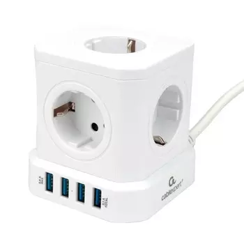 Сетевой фильтр Cablexpert Tower TWR-5-U4-W-2, 5 розеток, 10 А, 4хUSB, 3.1 А, 2 м, уровень защиты 4+, белый
