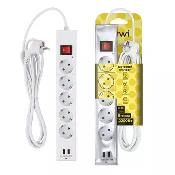 Сетевой фильтр dwi, 5 розеток, 3 м, 10 А, ПВС 3х0.75 мм2, с з/к, 2USB, со шторками, белый