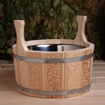 Шайка - таз для бани и сауны «Русский узор», 5 л, деревянная, нержавеющая вставка, «Добропаровъ»