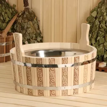 Шайка-таз из липы, 15 л, нержавеющая вставка, "Русские узоры"
