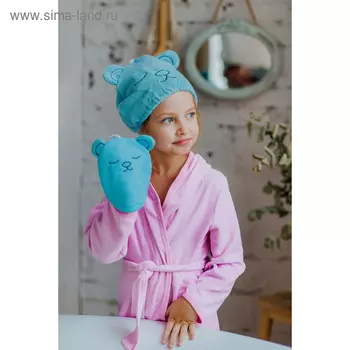 Шапочка на резинке для сушки волос «Мишка», микрофибра, цвет голубой