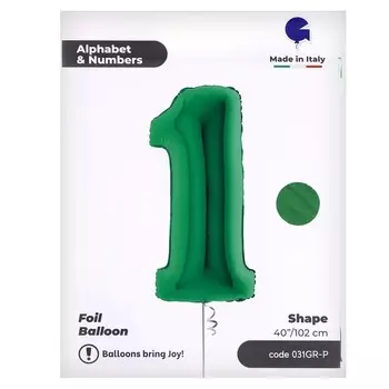 Шар фольгированный 40" «Цифра 1», цвет зелёный, инд. упаковка