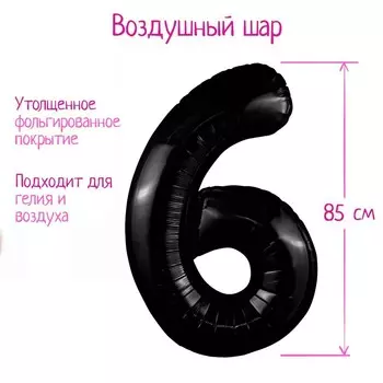 Шар фольгированный 40" цифра "6", цвет черный Slim