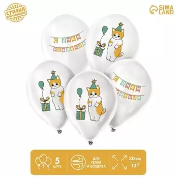 Воздушный шар латексный 12" «Праздничный котик», 5 шт.