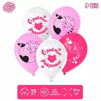 Шар латексный 12" «С днём рождения. Котик», 25 шт.