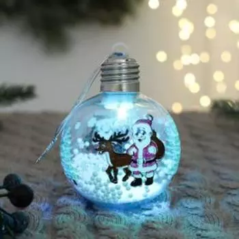 Шар пластик свет d-8 см "Зимние фантазии" Дед Мороз и оленёнок, прозрачный