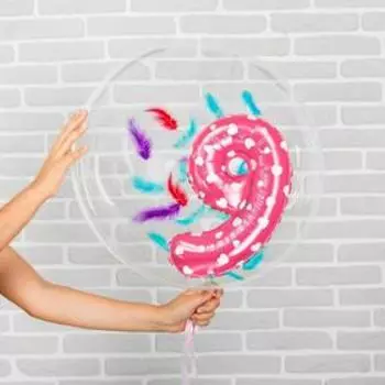 Шар полимерный 16", 20" «9 лет» фольга, перья, розовый