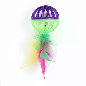 Шарик для кошек с бубенчиком "Завитушка с пером", 4 см, салатово-фиолетовый