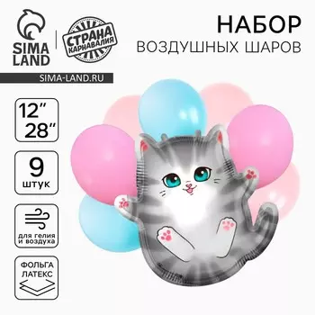 Шары воздушные, набор "Серый котик", фольга, латекс, 9 шт.
