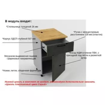 Шкаф напольный с дверью и ящиком Лофт, 500х600х850, Бетон тёмный