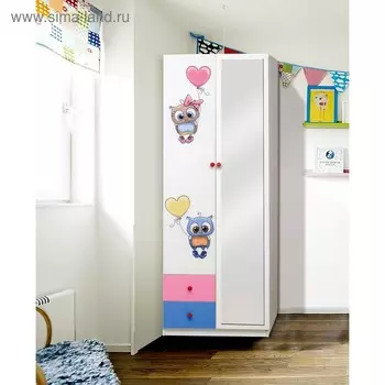 Шкаф с зеркалом и фотопечатью «Совята 2.2», 8004902100 мм, цвет белый / синий / розовый