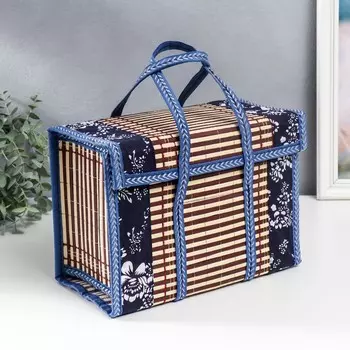 Шкатулка бамбук "Цветы на чёрном" синяя, с ручками 20х15х30 см