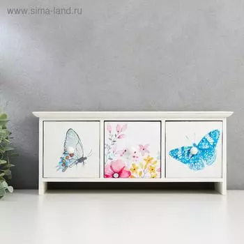 Шкатулка дерево 3 ящика "Бабочки и полевые цветы" на ножках, акварель 12,5х32,5х10 см
