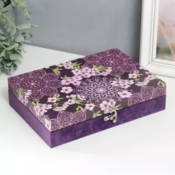 Шкатулка дерево "Цветок мехенди в и бело-розовый вьюн" кожзам и бархат 5,5х24х17 см