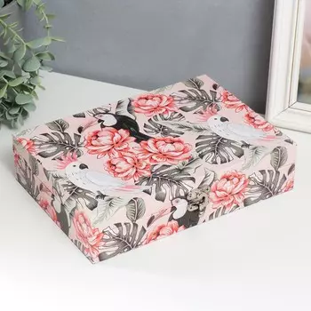 Шкатулка дерево "Какаду и тукан в цветочных джунглях" кожзам 5,5х24х17 см