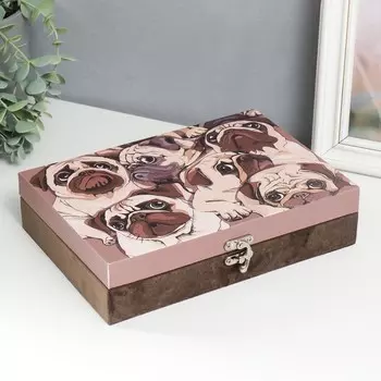 Шкатулка дерево "Мопсы" кожзам и бархат 5,5х24х17 см