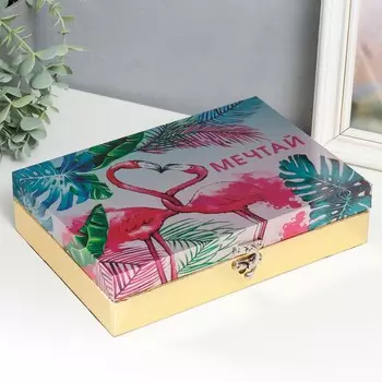 Шкатулка дерево "Розовые фламинго. Мечтай" кожзам глянец 5,5х24х17 см