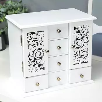 Шкатулка дерево "Шкаф 6 ящиков с резными дверцами" белая 27х16,5х24,7 см