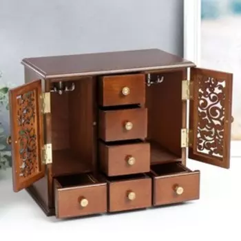 Шкатулка дерево "Шкаф 6 ящиков с резными дверцами" коричневая 27х16,5х24,7 см