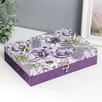 Шкатулка дерево "Сиреневые маки и подсолнухи" кожзам и бархат 5,5х24х17 см