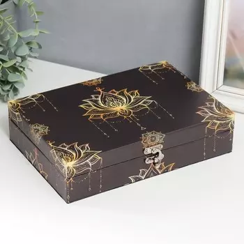 Шкатулка дерево "Золотой лотос на чёрном" кожзам 5,5х24х17 см