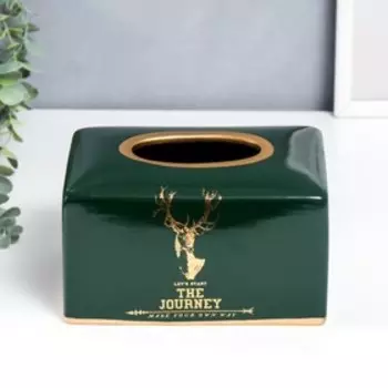 Шкатулка керамика для салфеток "Золотой олень" тёмно-зелёная 9,5х13х18 см
