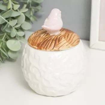 Шкатулка керамика круглая "Розовая птичка" белый 9х9х12,5 см
