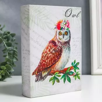 Шкатулка-книга дерево кожзам "Сова в цветочном венке на ветке" 18х13х4 см