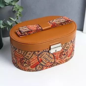 Шкатулка кожзам для украшений "Бант. Наклейки из путешествий" пробка 10х13х21 см