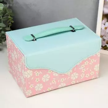 Шкатулка кожзам для украшений "Белые цветы" розово-голубая 13,5х23х15,5 см