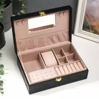 Шкатулка кожзам для украшений "Цветок из ромбика" чёрный 7,5х22х15 см