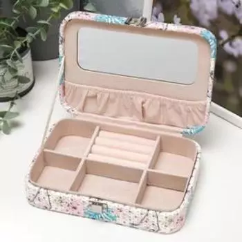 Шкатулка кожзам для украшений "Фламинго и листья, с блёстками" 5,6х14,7х21 см