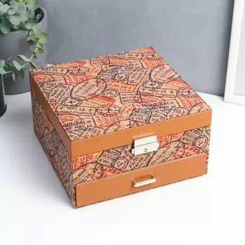 Шкатулка кожзам для украшений "Наклейки из путешествий" пробка 11х20х20 см