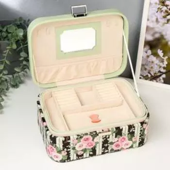 Шкатулка кожзам для украшений "Полоски и розы" зелёная с чёрным 10,5х25х18,5 см