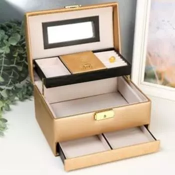 Шкатулка кожзам для украшений "Розы тиснение" сундучок золото 13х22,5х16,5 см