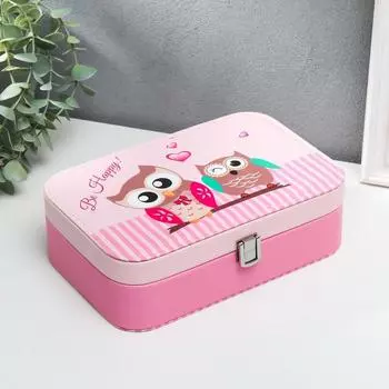 Шкатулка кожзам для украшений "Совушки на ветке и полоски" 7х14,5х22 см