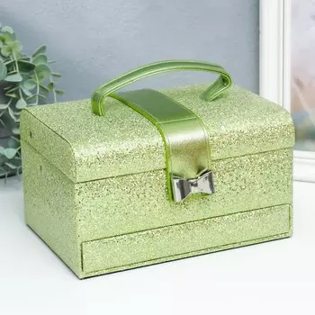 Шкатулка кожзам для украшений сундук с бантом "Мелкие квадратики. Зелёный" 13,5х16,5х23 см