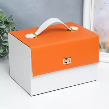 Шкатулка кожзам для украшений сундук "Стильный. Оранж+белый" 15х16х23 см