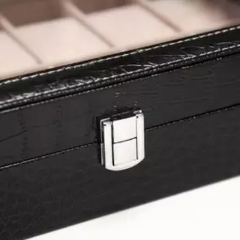 Шкатулка кожзам под часы 12 отделений "Черный питон" 9х30х20 см