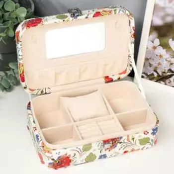 Шкатулка кожзам под часы 1 отделение и бижутерию "Сказочные цветы на белом" 7х22х14,5 см